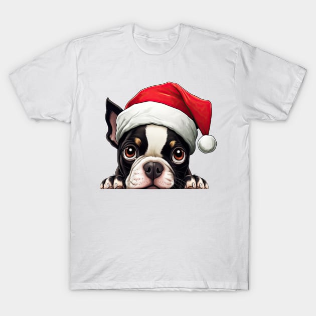 Christmas Peeking Boston Terrier Dog T-Shirt by Chromatic Fusion Studio